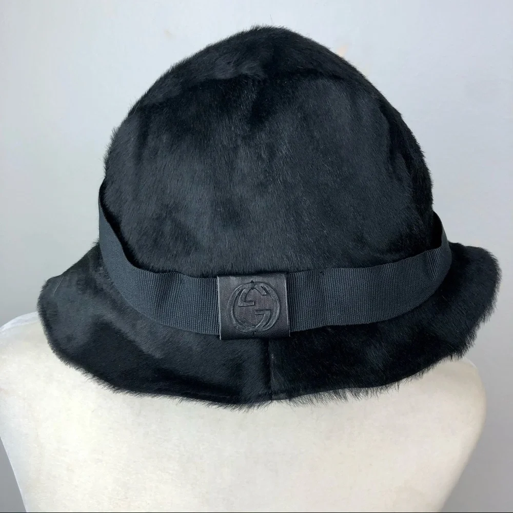 GUCCI Black Leather Fur Bucket GG Logo Hat M - Picture 2 of 16